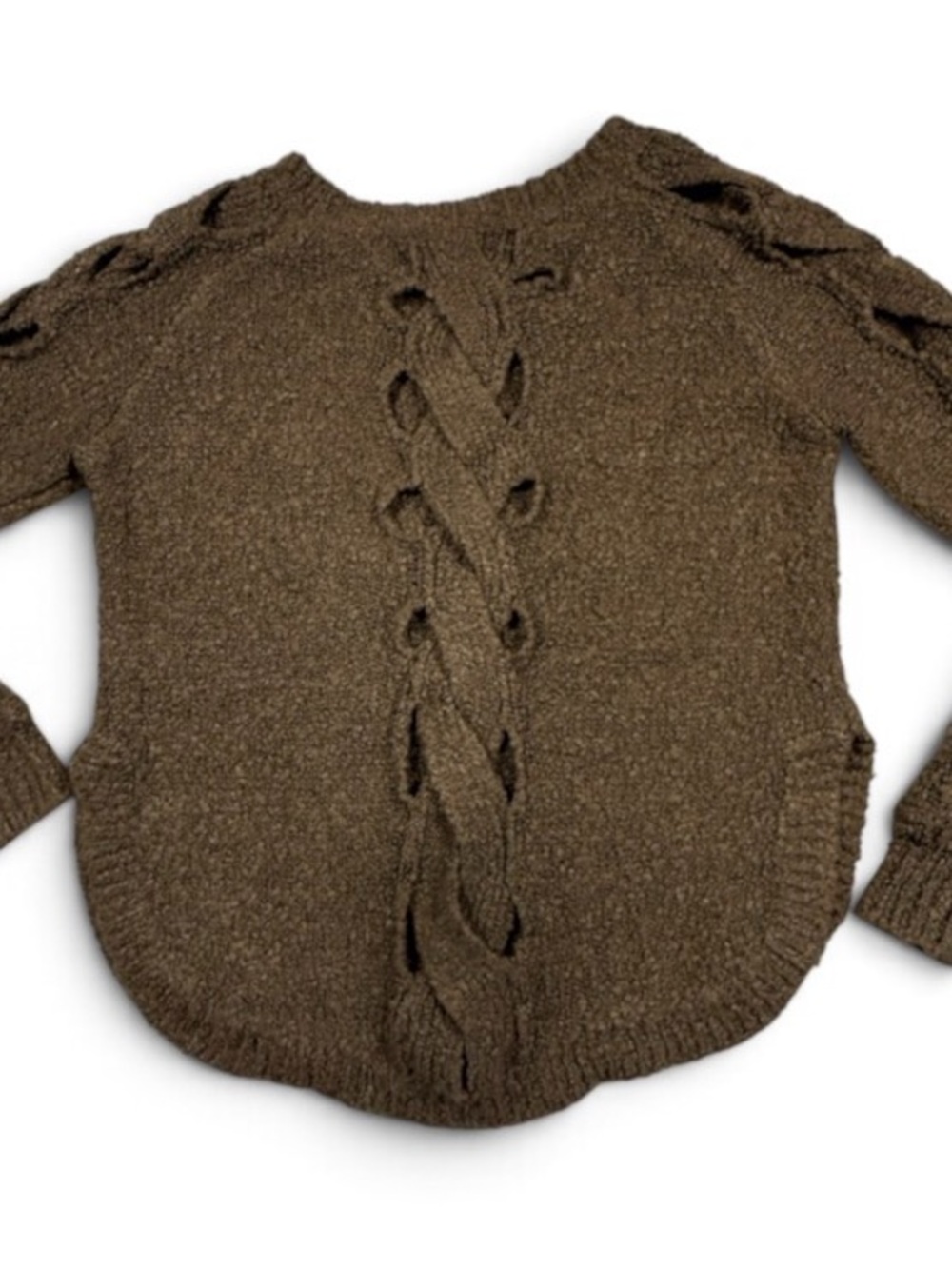 ASTR Brown Bouclé Wool-Blend Fuzzy Cozy Cut Out Braided Open Back Sweater Size S